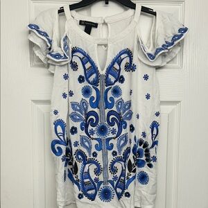 INC International Concepts White Blouse with Blue Embroidery